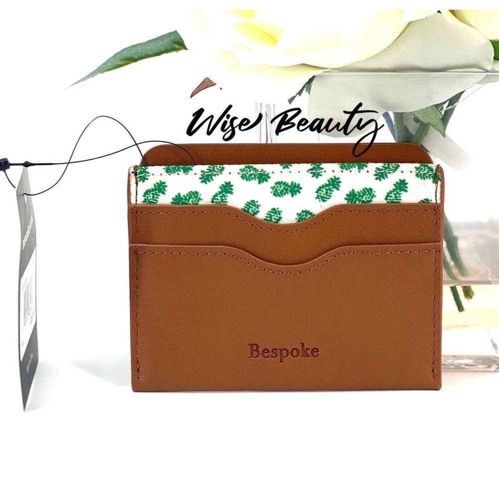 Bespoke Unisex Tan Leather Card Holder Wallet Pineapple Fabric Lined MSRP $30
